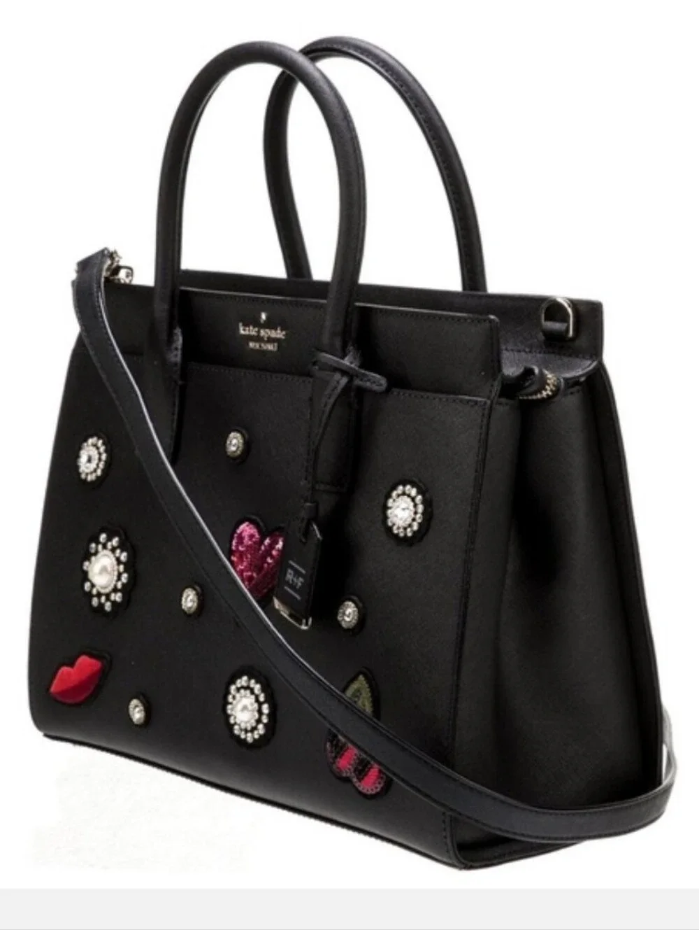 Kate Spade Black Leather & Embellished Applique Satchel w/ 2 Straps EUC